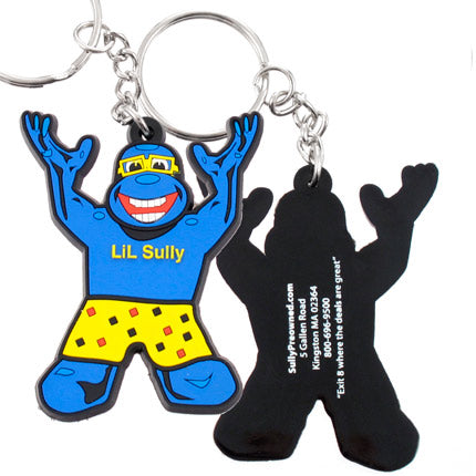 Both sides of a black PVC keychain with a blue cartoon character named "LiL Sully" wearing yellow swim trunks and goggles, joyfully raising its arms. Contact information is screen printed in white on the back.