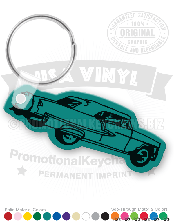A vinyl keychain in the shape of a classic 1955 Chevrolet car, with imprinted text and colors indicating the product's features.