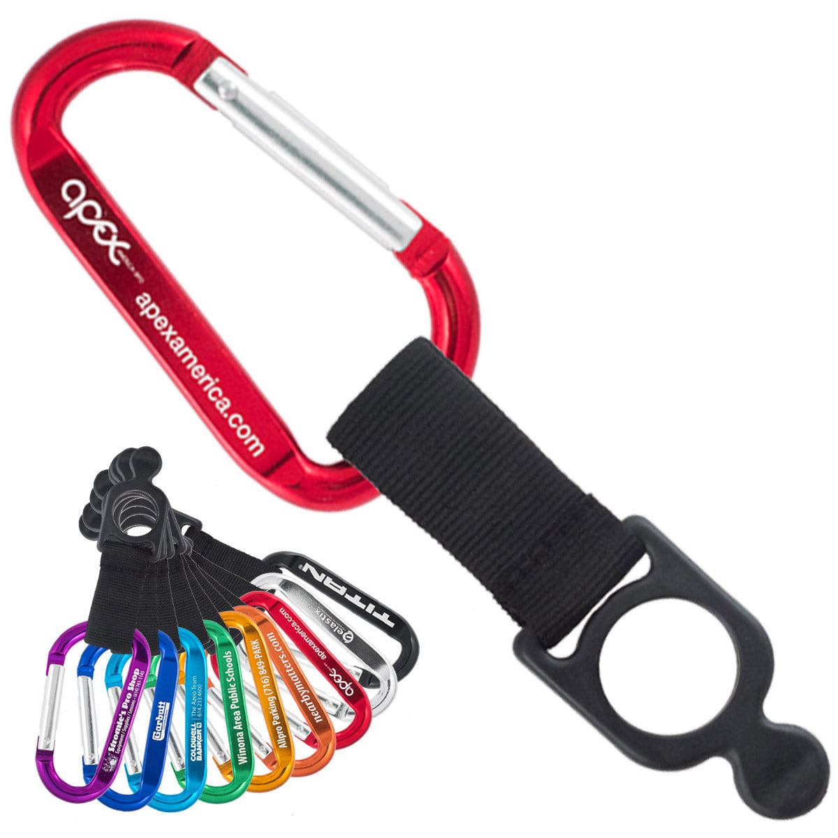 Red carabiner with black bottle holder strap and multiple color carabiners in the lower left, all on a white background