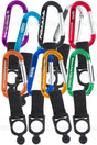 A collection of carabiner keychains in various colors including black, blue, green, orange, purple, red, and silver, all with customized engraving.