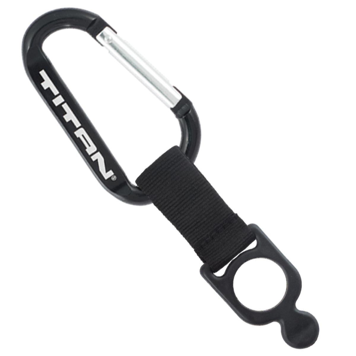 Black colored engraved carabiner with bottle holder strap attachment