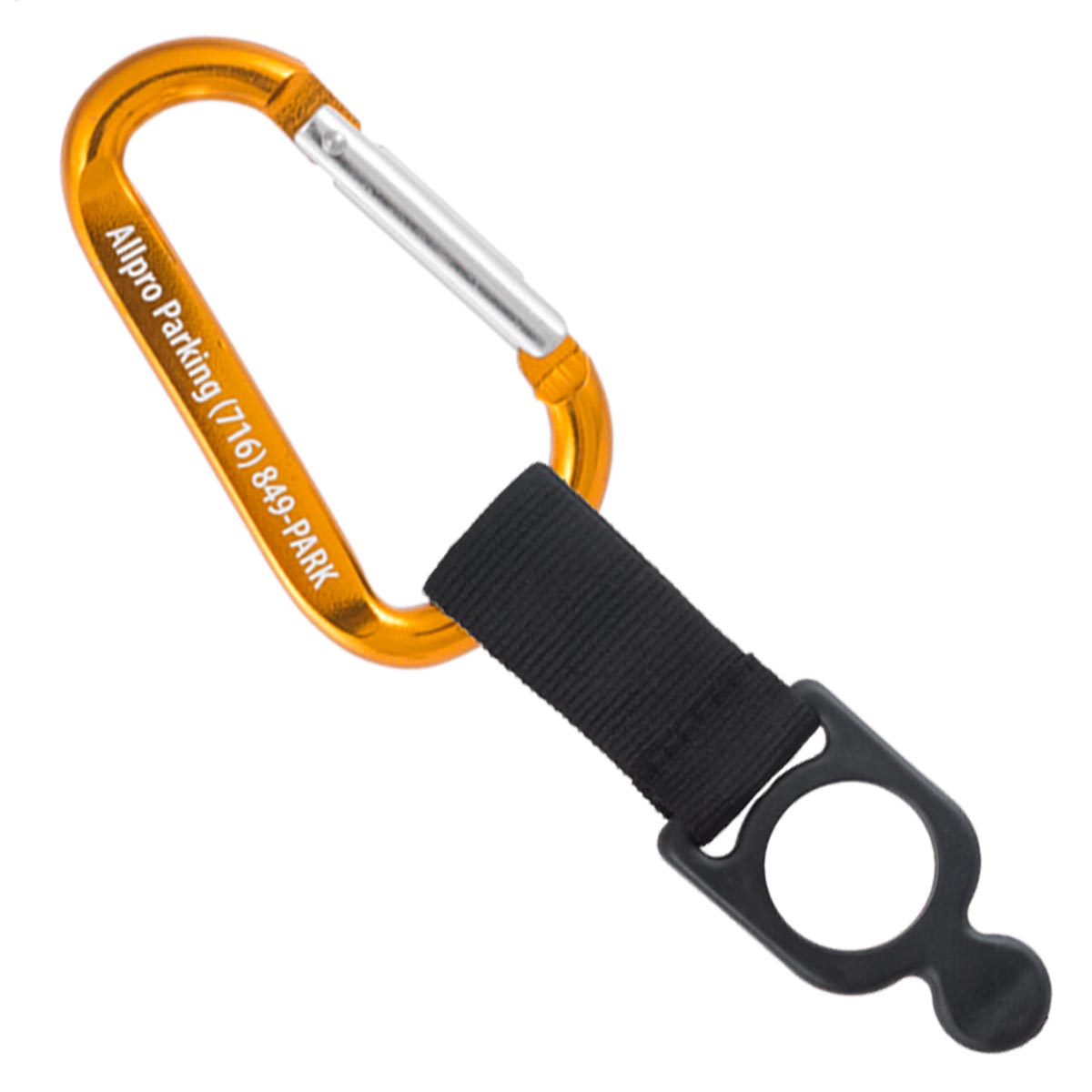 Gold colored engraved carabiner with bottle holder strap attachment