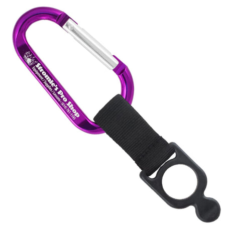 Purple colored engraved carabiner with bottle holder strap attachment
