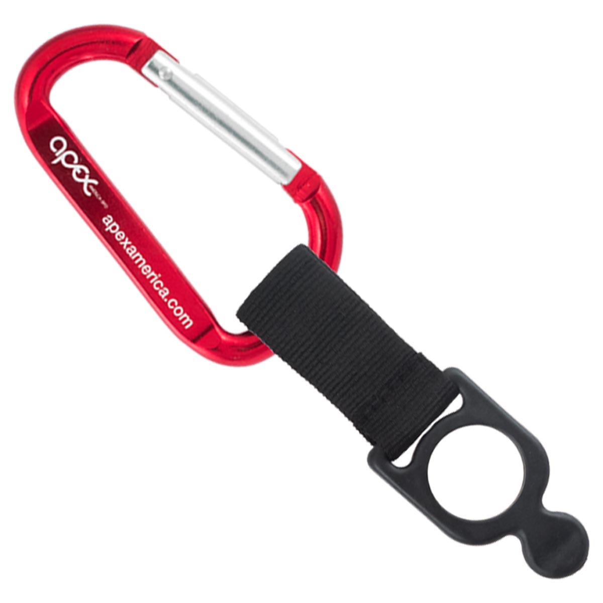 Red colored engraved carabiner with bottle holder strap attachment