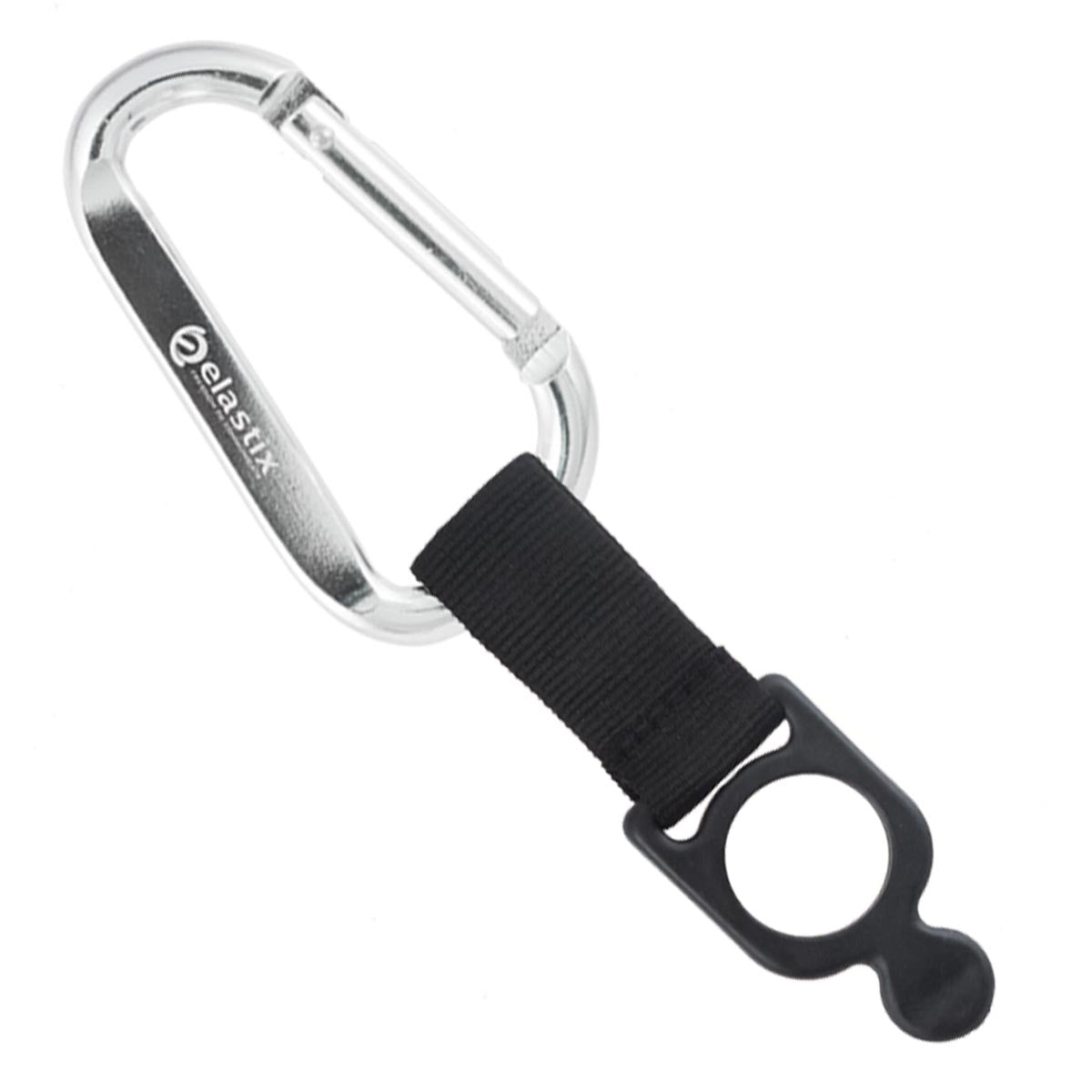Silver colored engraved carabiner with bottle holder strap attachment