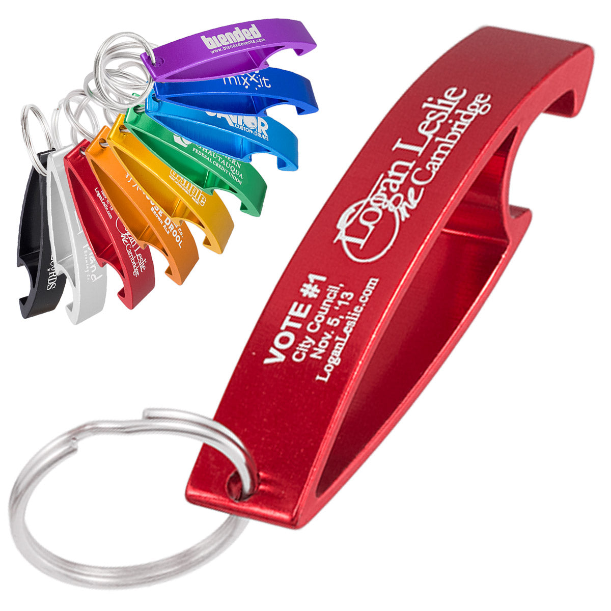 Custom engraved bottle opener keychains. In the center is the main image of a red opener. In the top left, shown smaller, is a range of alternate color options.