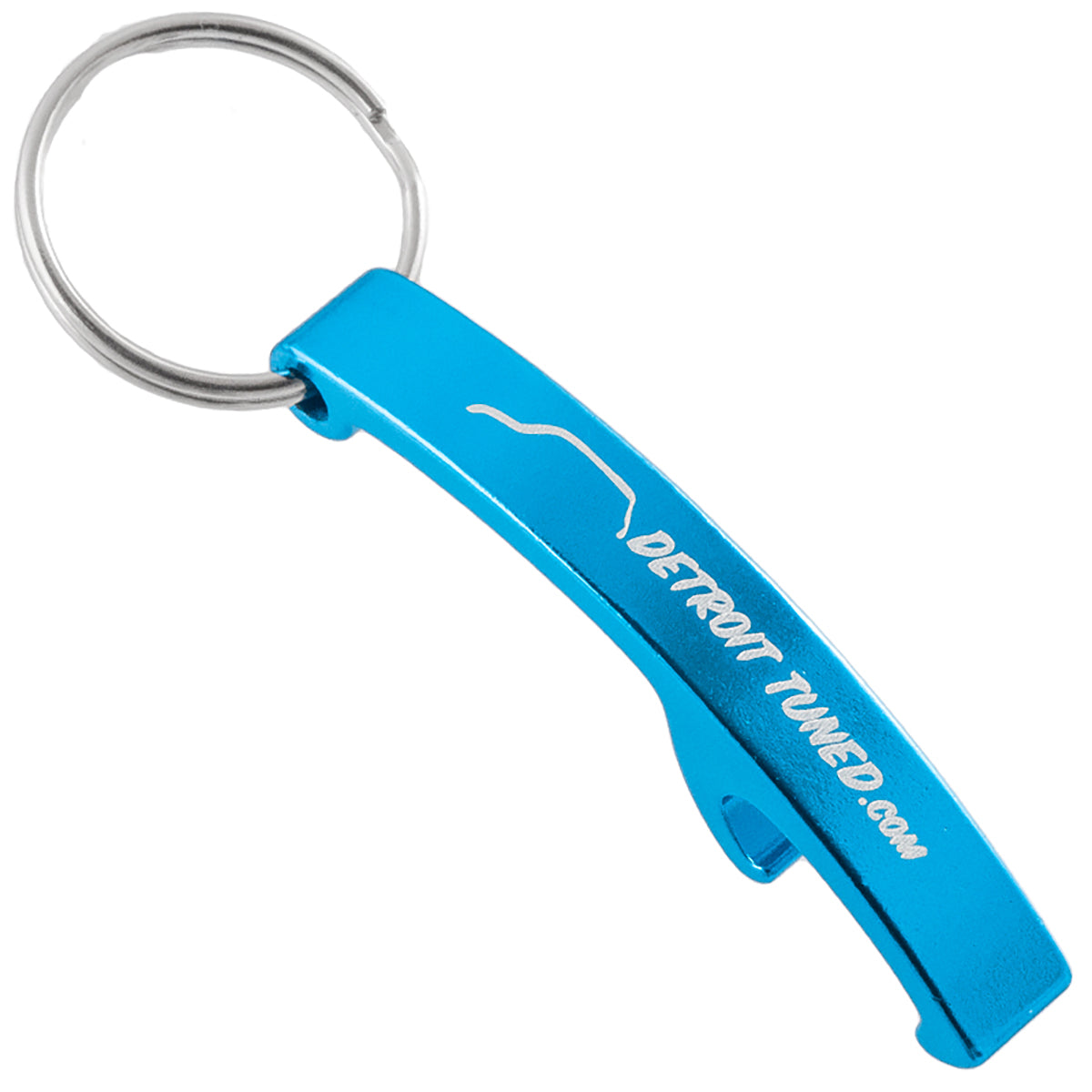 Brilliant blue Lasered Arc Keychain Bottle Opener with engraved logo