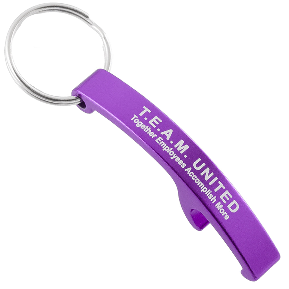 Purple Lasered Arc Keychain Bottle Opener with engraved logo