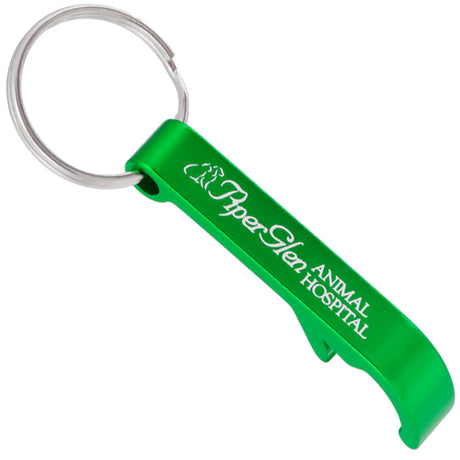 Green Beverage Bar Bottle Opener keychain with custom logo engraving