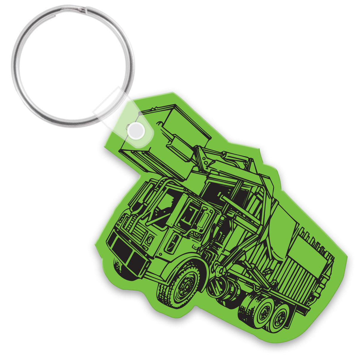Green keychain with a black garbage truck design on a white background