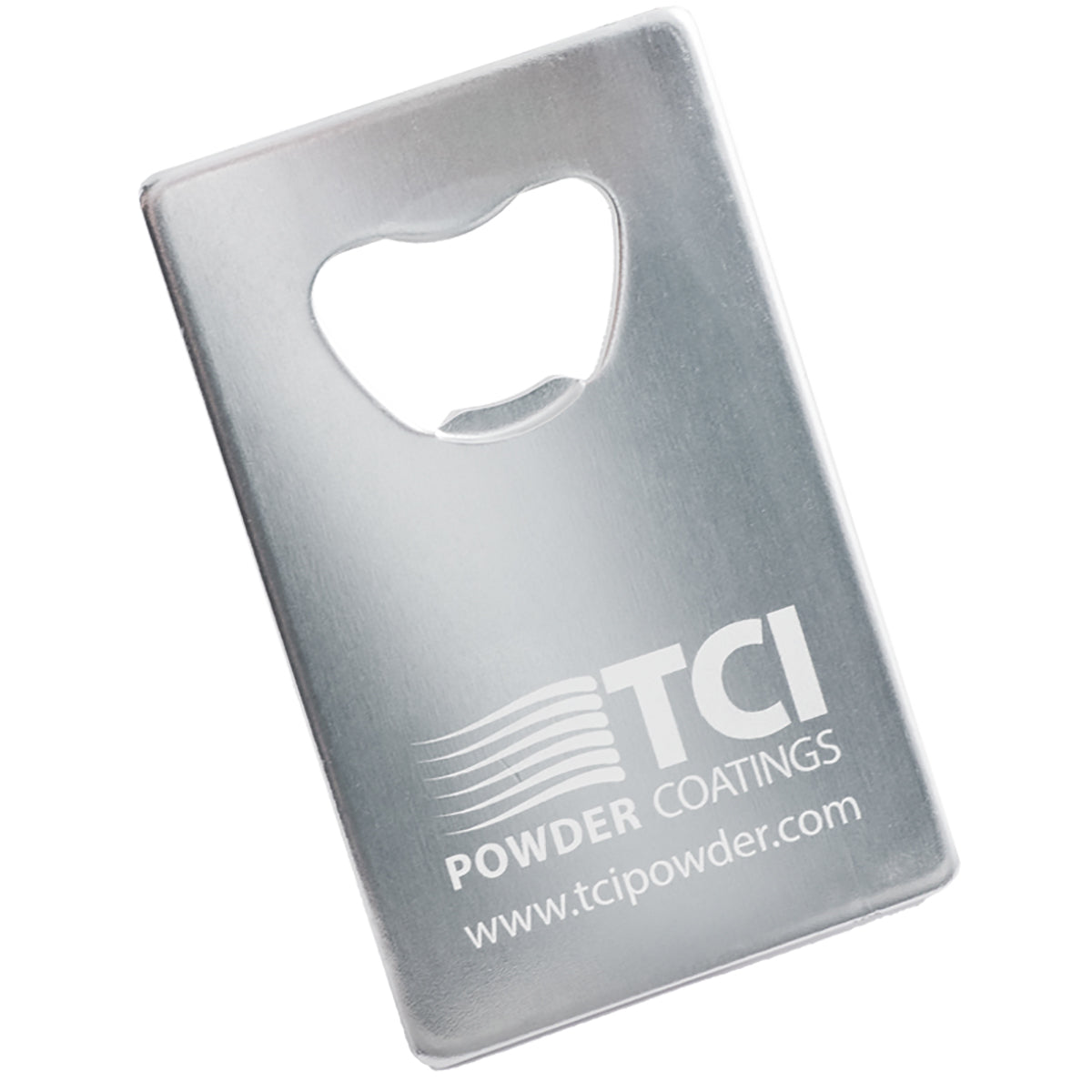 Silver aluminum credit card style bottle opener with a customized logo engraving