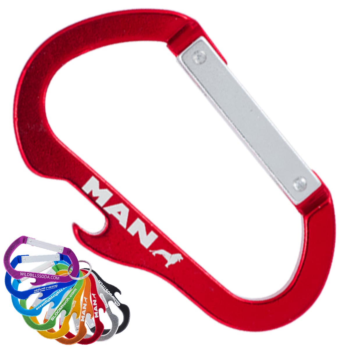 Red custom engraved carabiner with a bottle opener hook along the bottom edge. Also shown smaller in the lower left corner are other colors of the carabiner fanned out in a rainbow configuration.