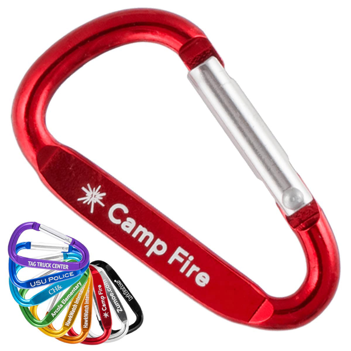 Custom engraved carabiner keychain. A large red carabiner is shown against a white background. In the bottom left corner are additional colors of the carabiner fanned out in a rainbow array
