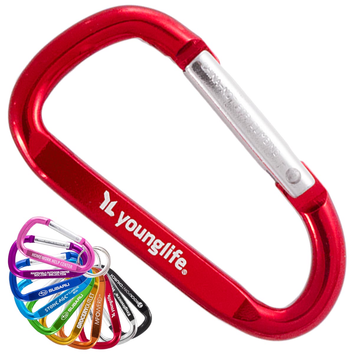 Red custom engraved carabiner keychain on a white background. Other colors of the carabiner are shown smaller in the lower left corner fanned out in a rainbow display