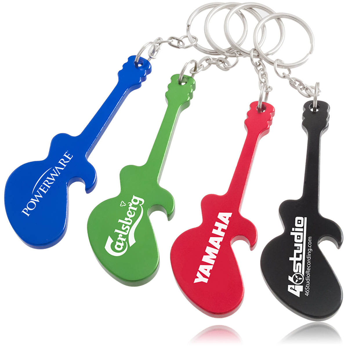 Group photo of blue, green, red, and black electric guitar shaped bottle opener keychains with custom engraved logos on each.