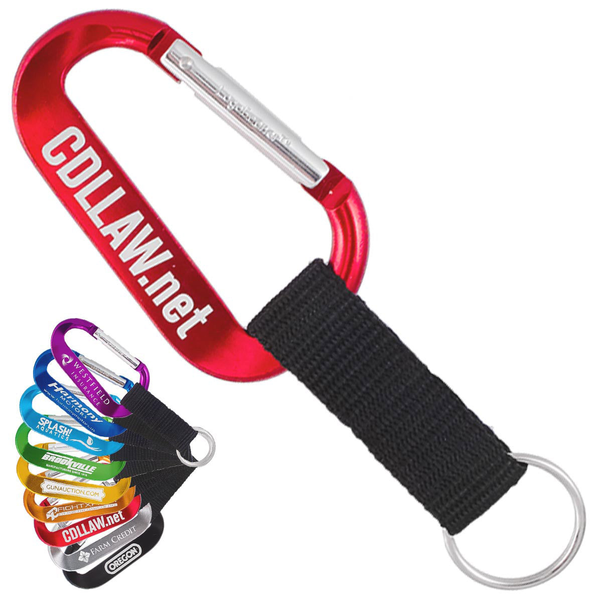 Custom engraved XTREME carabiner keychain with a nylon strap attachment with key ring. The carabiner is red on a plain white background. In the lower left corner is an array of different colors of carabiner.
