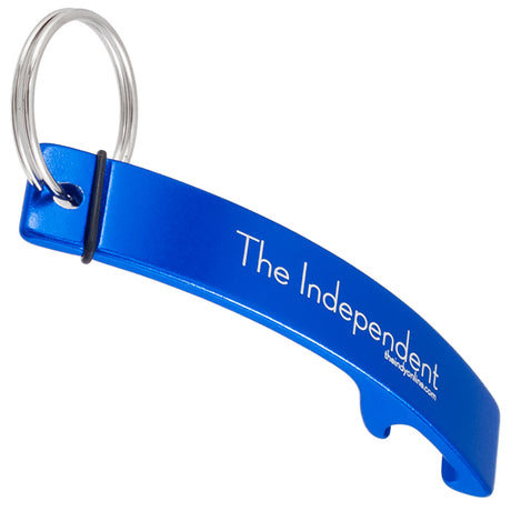 Blue colored Designer Logo bottle opener keychain with custom engraved text