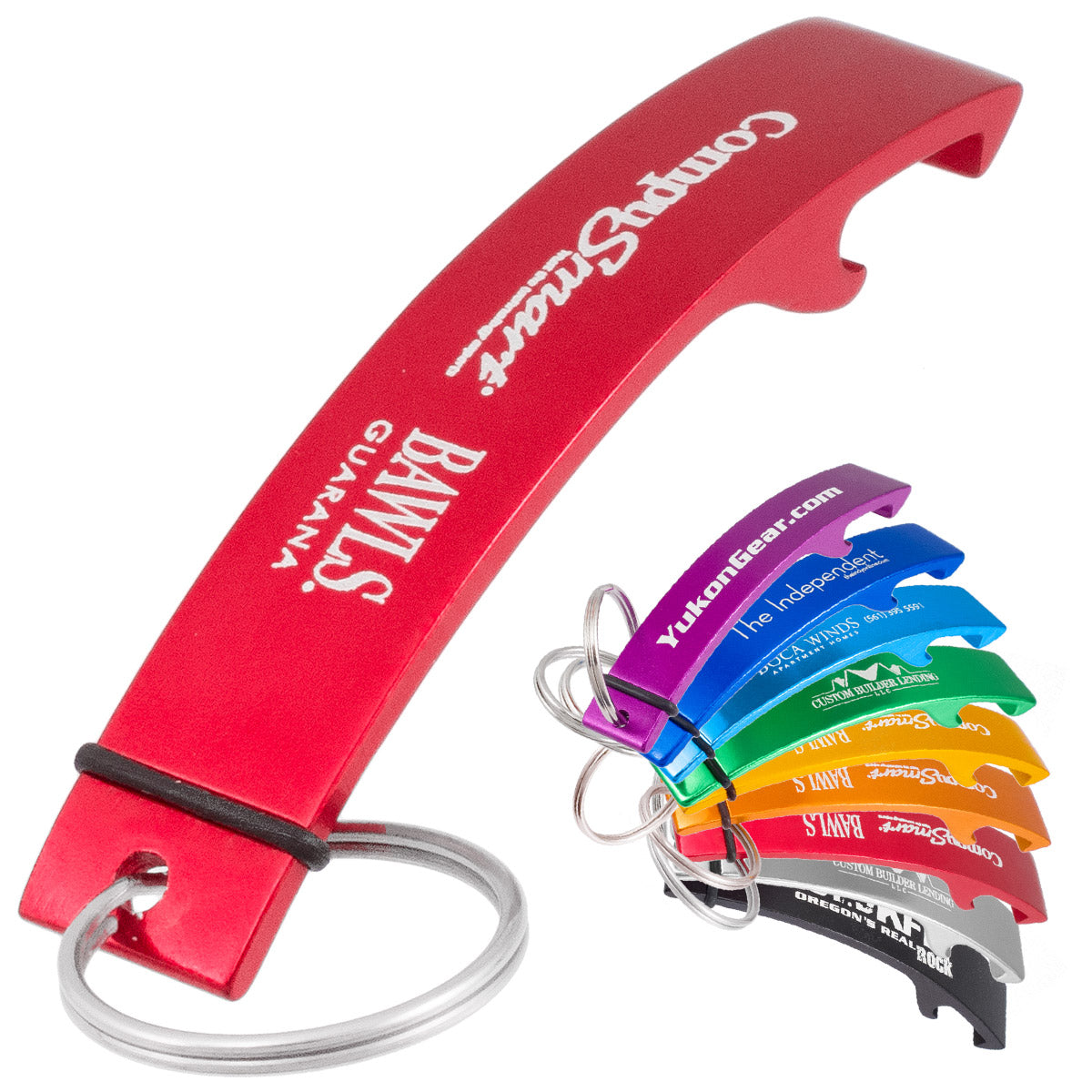 Red bottle opener with keychain and colorful keychains on a white background