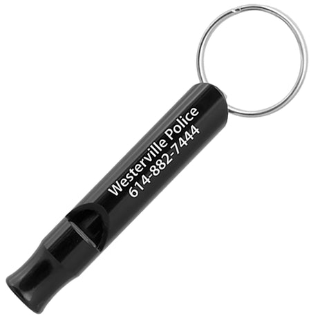 Example of a black Aluminum Bobby Safety Whistle showing custom engraving. Engraving is a silvery white color.
