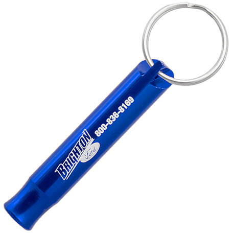 Example of a royal blue Aluminum Bobby Safety Whistle showing custom engraving. Engraving is a silvery white color.