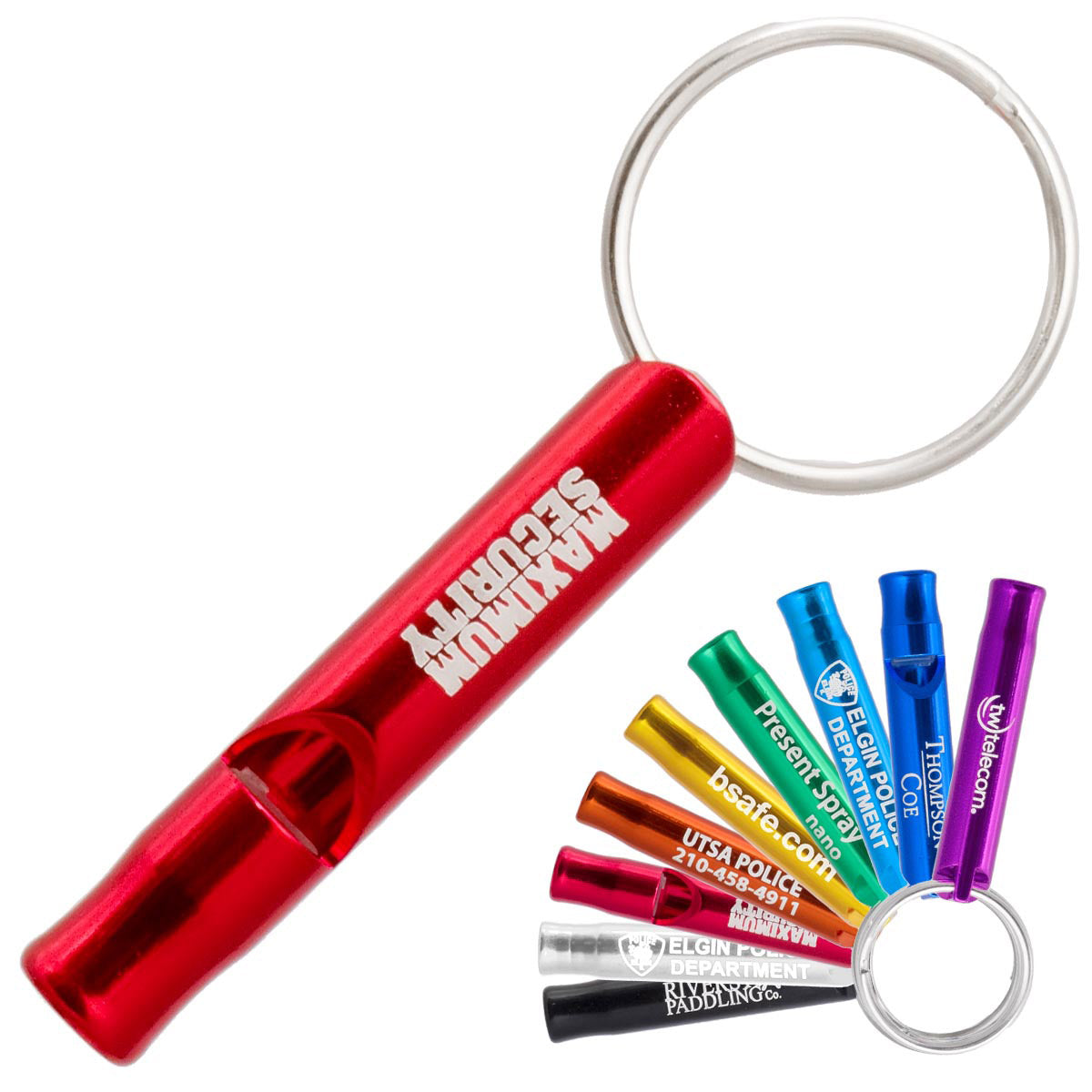 Mini bobby whistle on a key ring. It is red and shows a custom engraving along the top edge. Shown smaller in the lower right are additional color options available for the whistle.