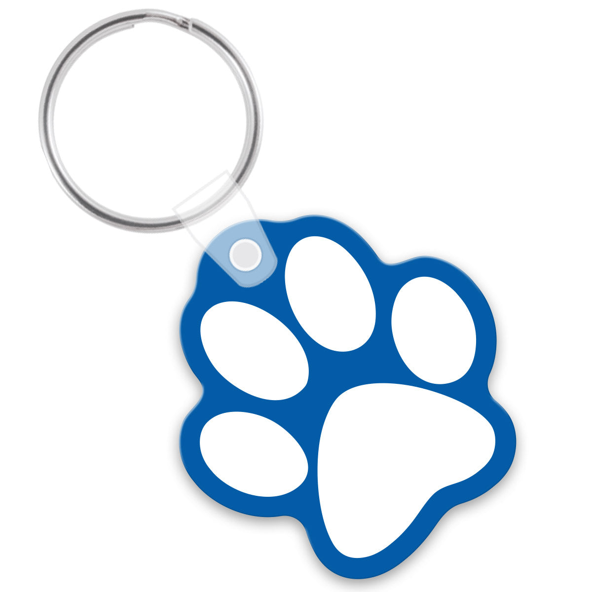 Blue paw shaped keychain with a white paw print