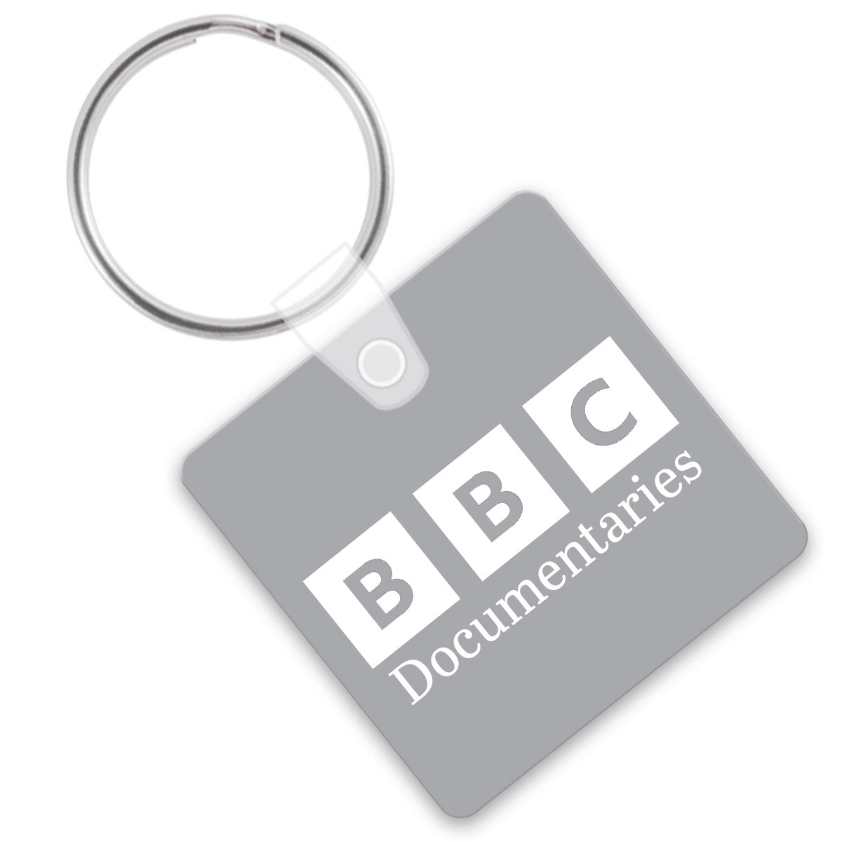 Gray square keychain with white logo imprint