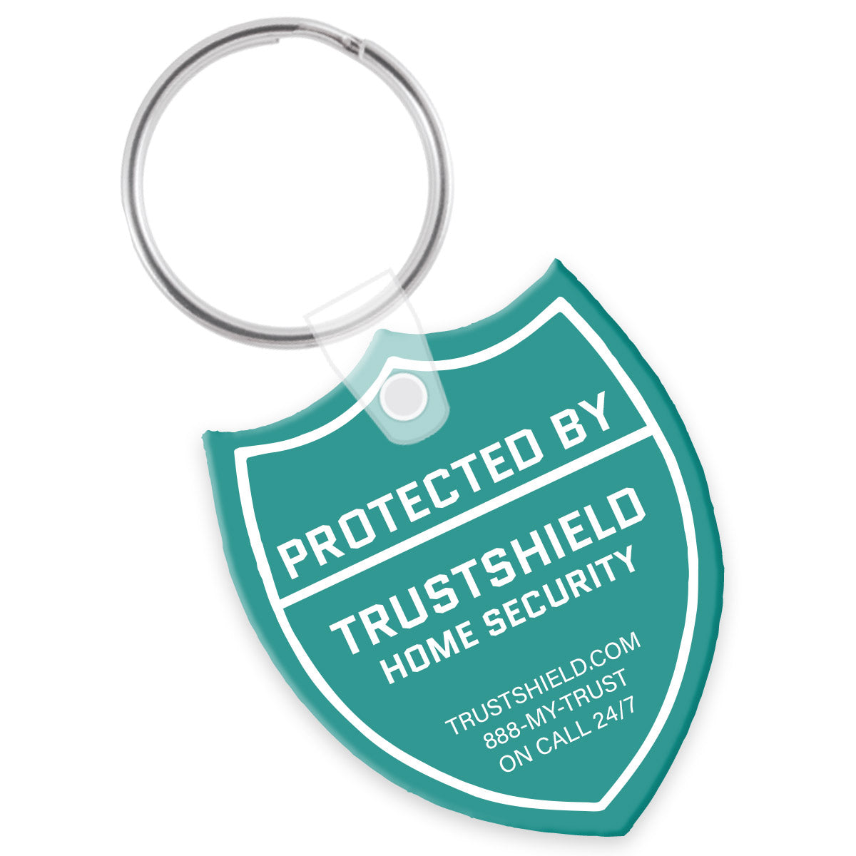 Teal keychain shaped like a shield with a white custom imprint