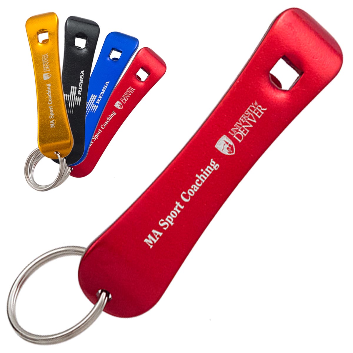 Red snowboard bottle opener keychain on a white background. Additional colors of the opener are shown in the top left: gold, black, blue, and red.