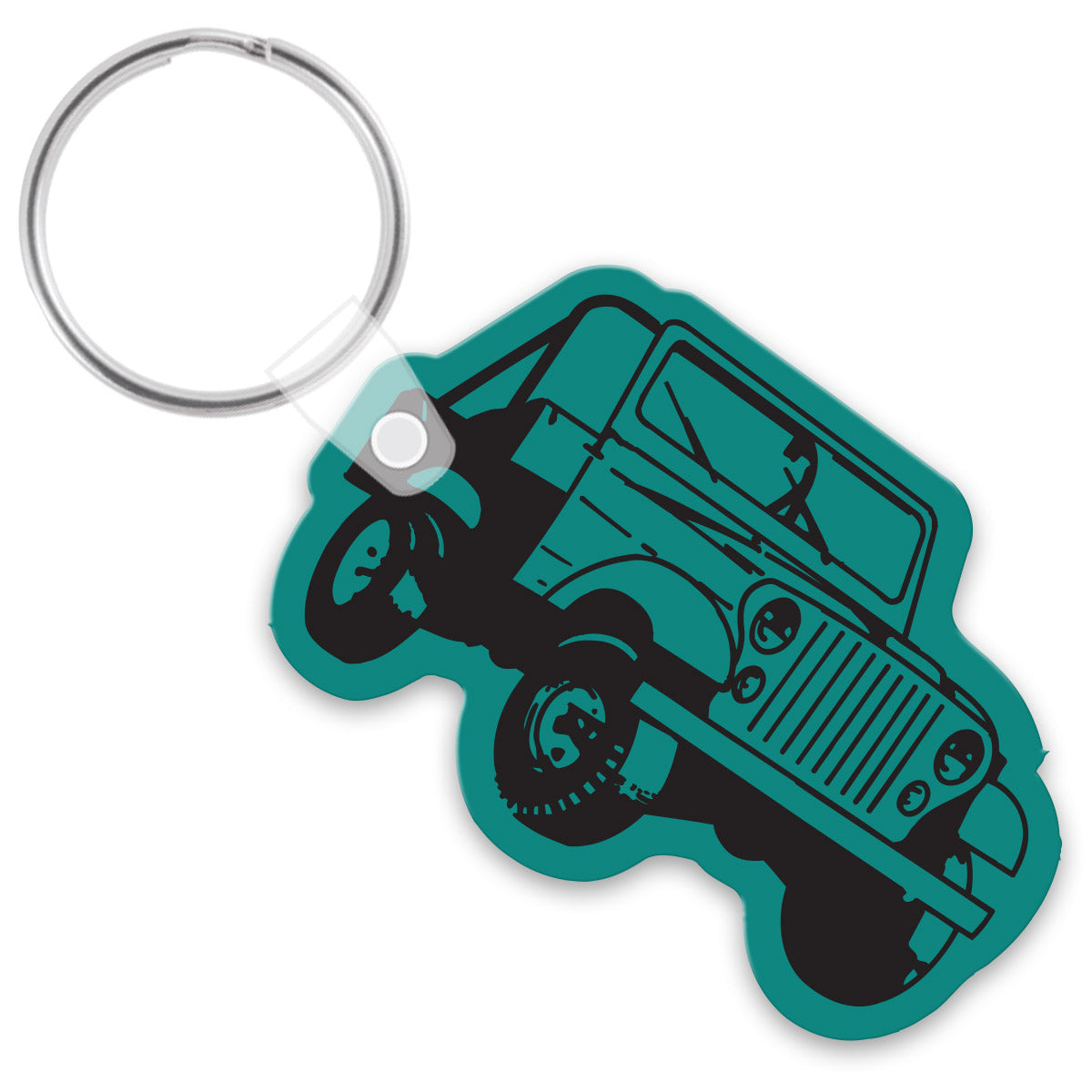 Teal keychain with a 1970s Jeep printed on it