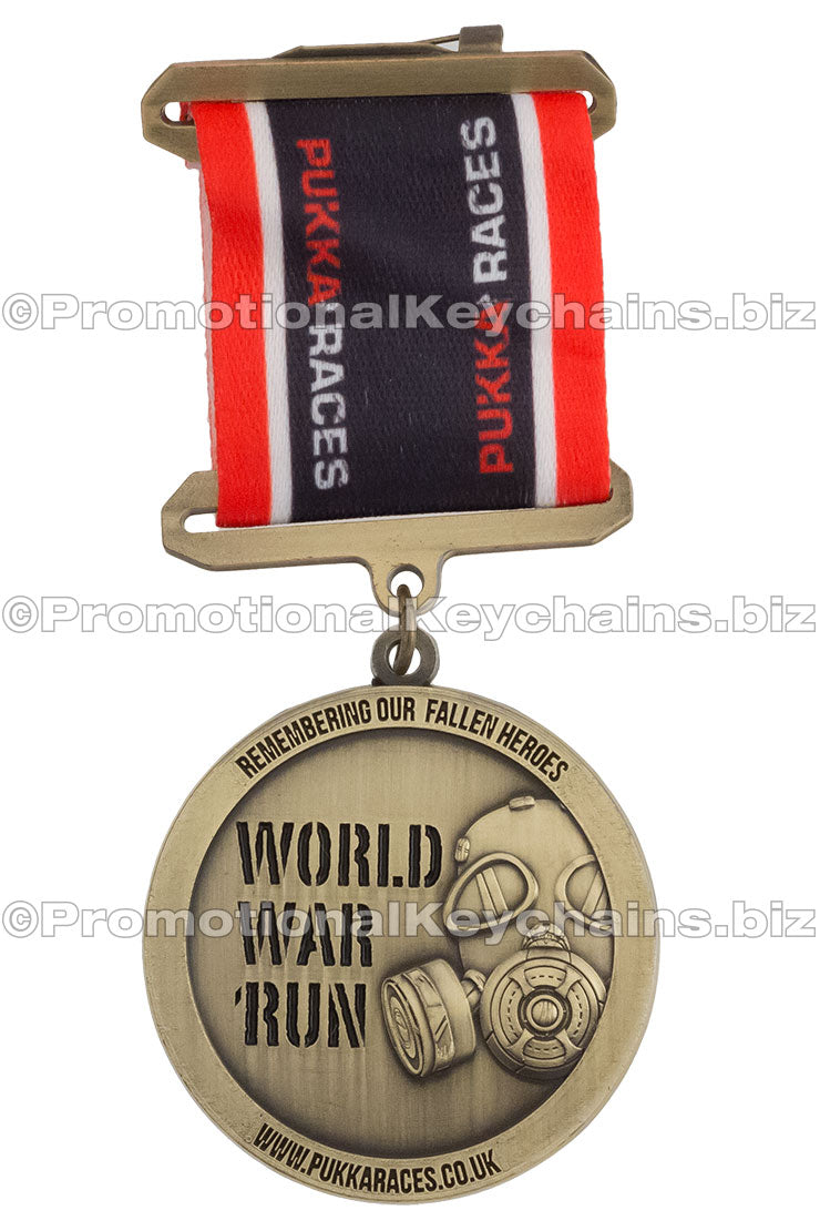 An antiqued brass medal for "World War Run," featuring a 3D gas mask design and a ribbon with red and black stripes, honoring fallen heroes.