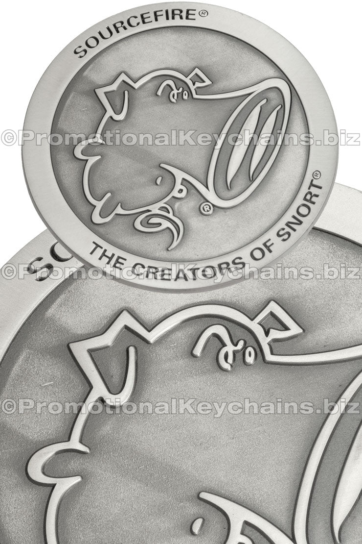 Two photos of the same antiqued nickel coaster featuring a cartoon pig logo and the text "Sourcefire: The Creators of Snort."