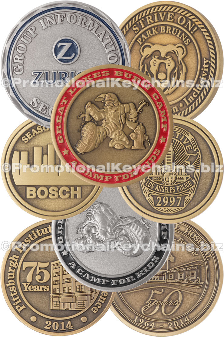 A collection of various commemorative coins in multiple antiqued metal plating, featuring logos and verbiage from different organizations and events.