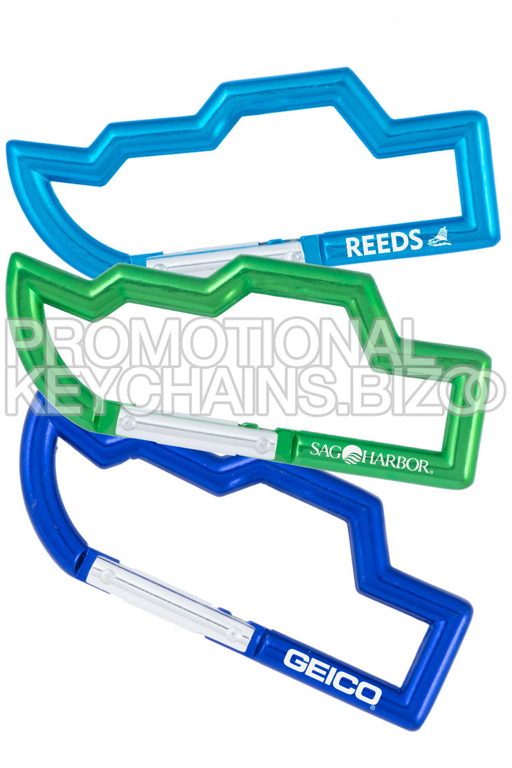 A set of three boat-shaped carabiners in aqua, blue, and green colors with 'GEICO' engraved on the blue one, and 'REDS' and 'SAG HARBOR' on the green and aqua ones respectively. Each carabiner has a spring-loaded clasp.