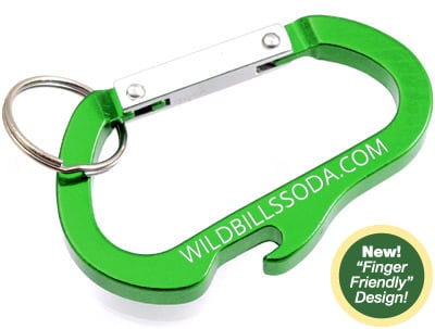 Example of green Bottle Opener Carabiner Keychain with custom engraving. The image also illustrates how a key ring can be looped through the carabiner's latch.