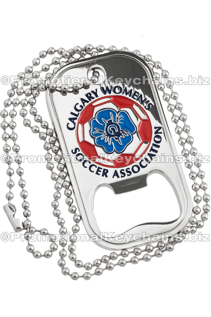 Polished nickel custom die cast bottle opener dog tags with chain. Customization includes blue and red enamel colors for a flower and soccer ball logo.