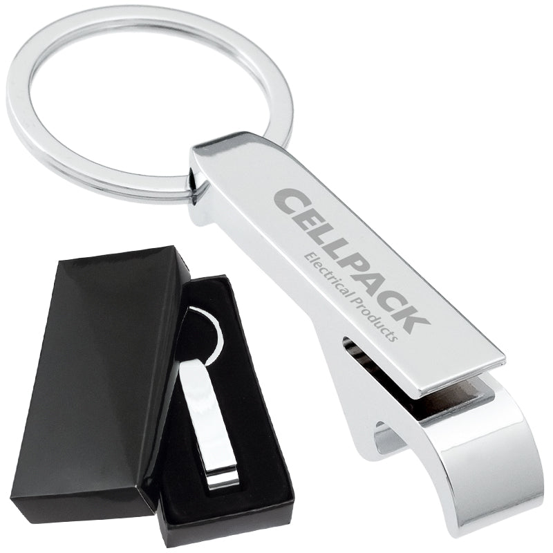 Image shows close up of Classic Chrome Bottle Opener Keychain and example of keychain inside black gift box.