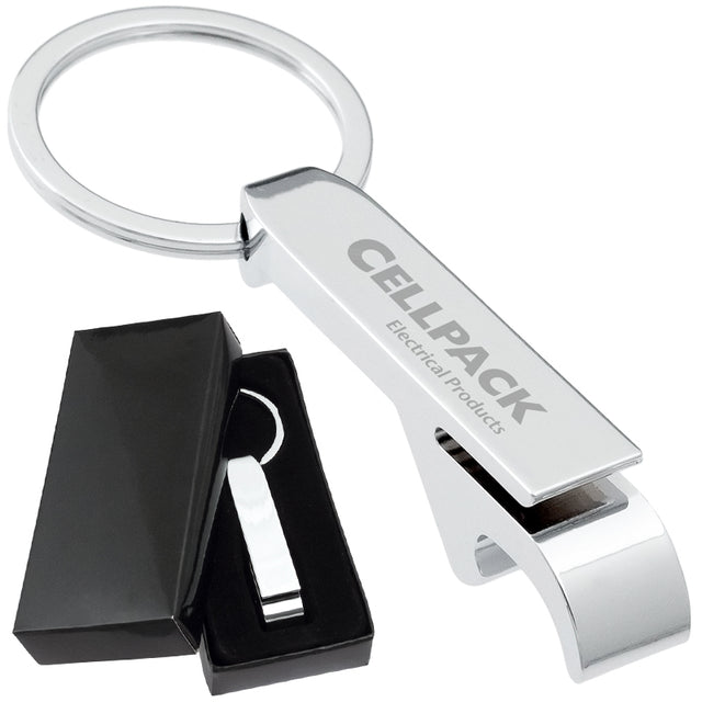 Image shows close up of Classic Chrome Bottle Opener Keychain and example of keychain inside black gift box.