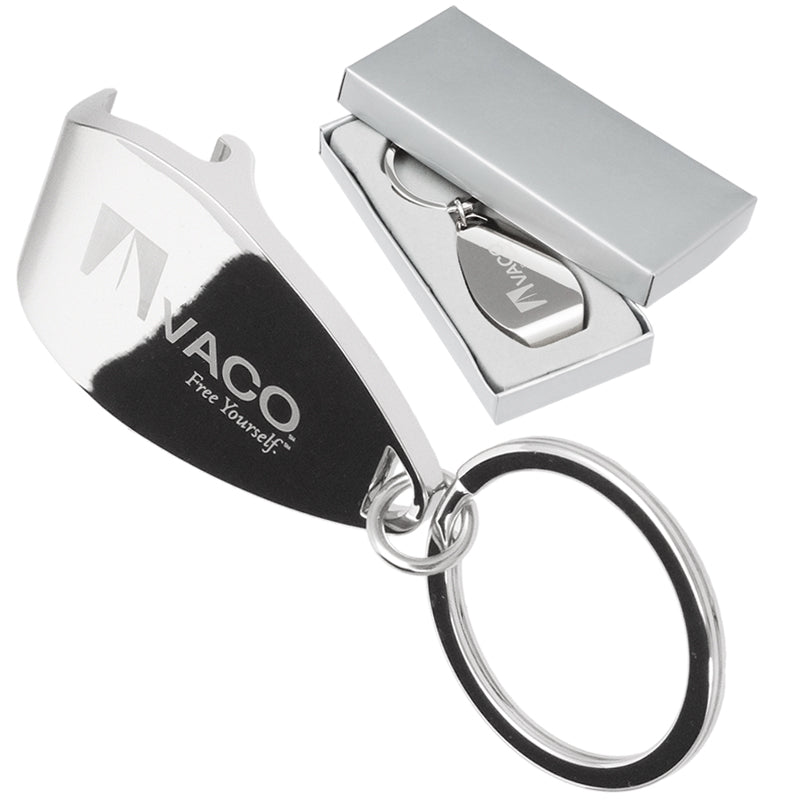 Close up of Polished Claw Bottle Opener with custom engraving. Image also includes an example of the bottle opener keychain inside gift box.