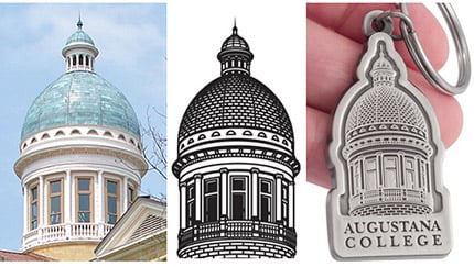 Three images: a color photo of the dome of Augustana College, a black and white illustration of the same dome, and an antiqued nickel keychain featuring the final design.