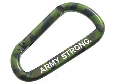 Green camo carabiner with ARMY STRONG laser engraved on it.