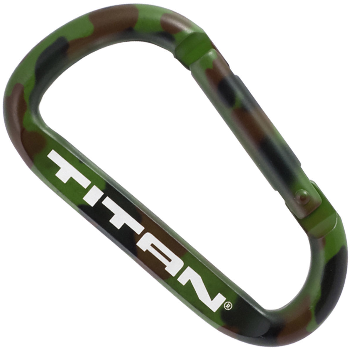Jungle camo carabiner with laser engraved TITAN logo.