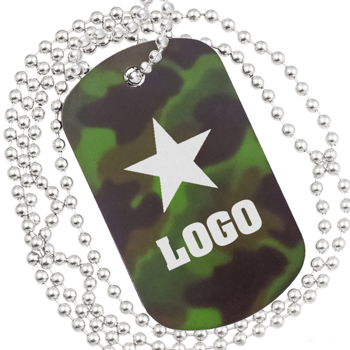 Close up example of camouflage anodized aluminum dog tag. The engraving is of bold text and graphic of a star.
