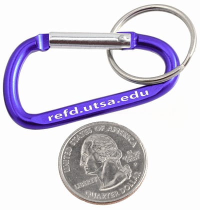 A 50mm carabiner keychain in purple with ring and a sample engraving next to the size of a coin.