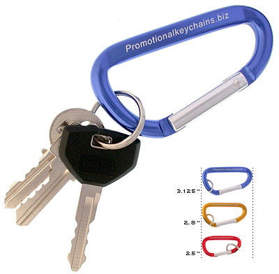 A Royal Blue 80mm carabiner with keys in its ring. The bottom right shows the size comparison from the 70mm and 60mm carabiners.