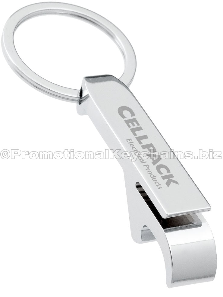 Classic Chrome Bottle Opener Keychain with custom engraving of text.