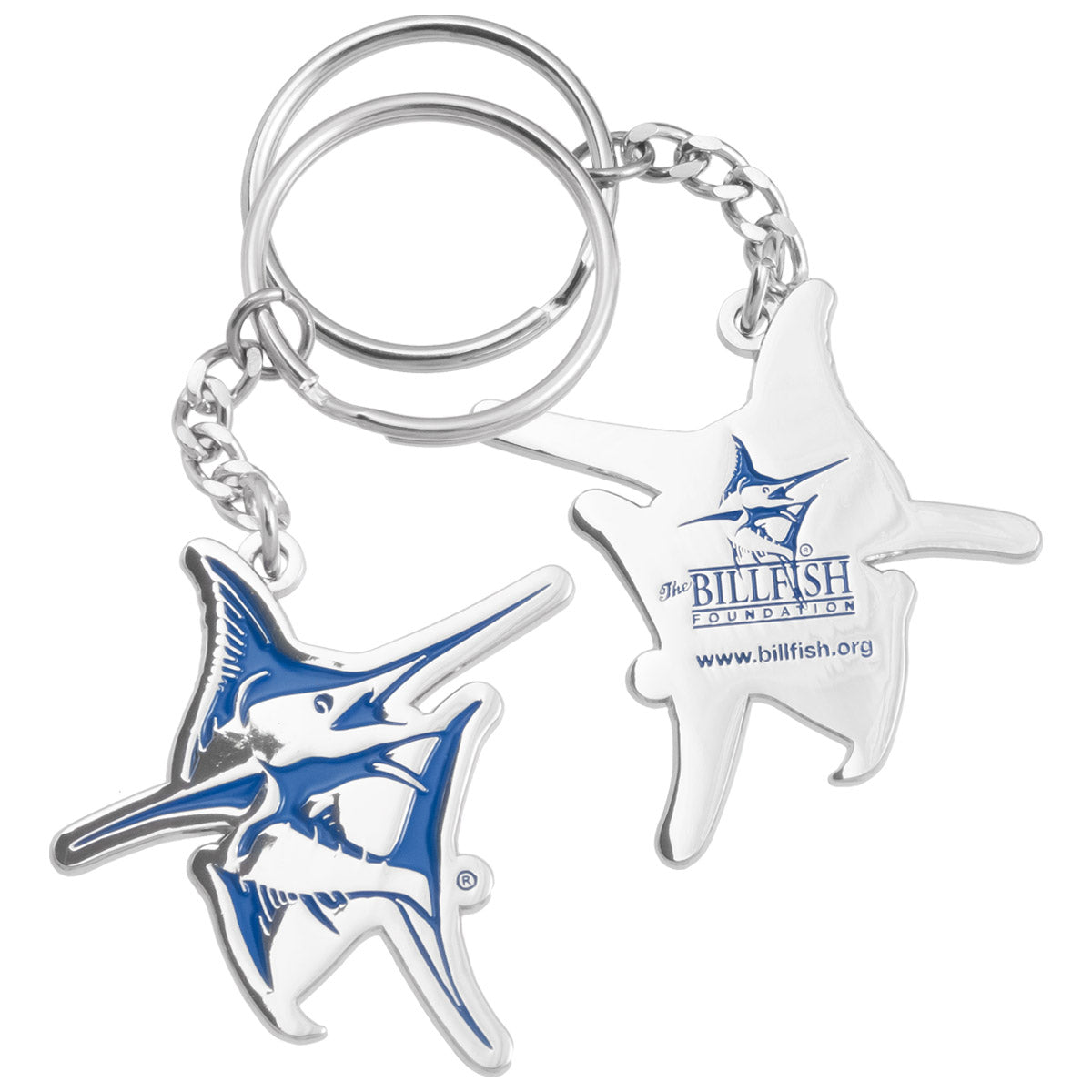 Example shows a custom shaped bottle opener in the shape of a swordfish. Four link chain and key ring attached to the top fin of the swordfish design.