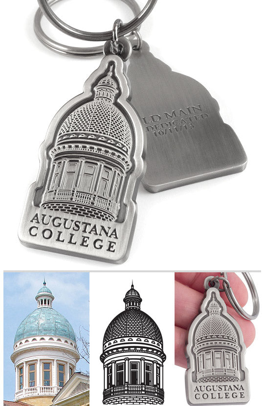The front and back of an antiqued nickel keychain featuring the dome of Old Main at Augustana College. Below that, it shows a photo of the building, followed by the artist's rendering of the building, and then the final product of that artwork being used for the keychain.