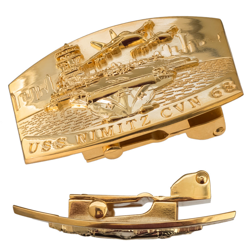 Two views of the same polished belt buckle, entirely in gold with a prominent 3-dimensional tank design featured on the front.