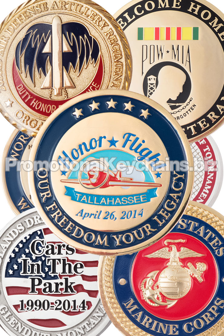 A collection of polished commemorative coins featuring various designs, including military honors and event celebrations.